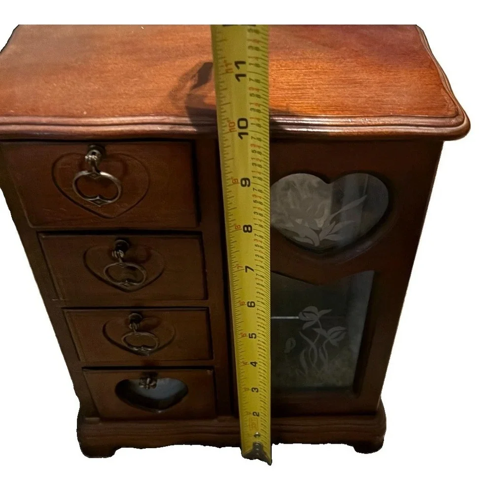 Vintage Wooden Jewelry Armoire Box Etched Glass Door 4 Drawer Necklace Cabinet